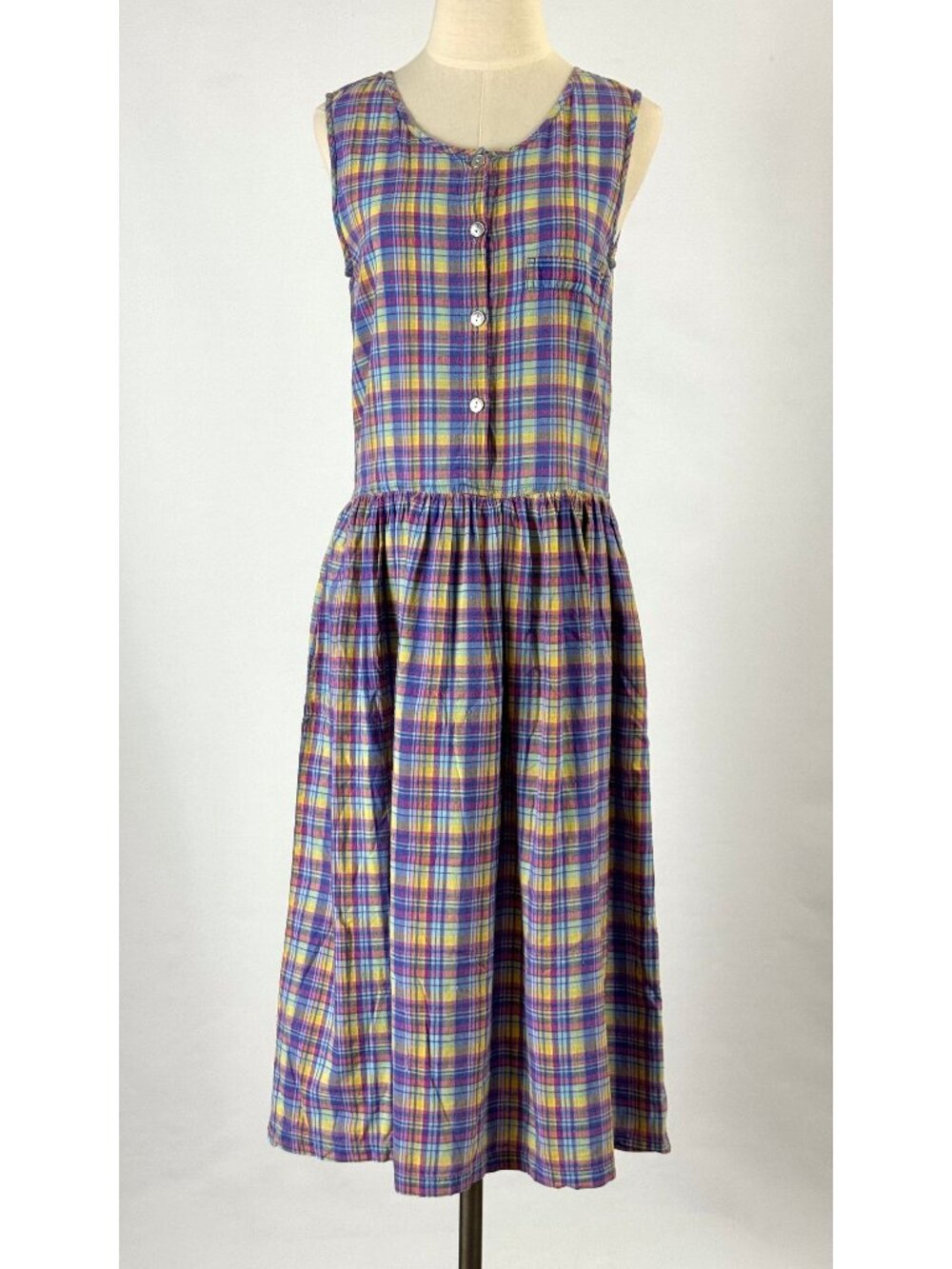 Vtg 90s Pastel Rainbow Plaid Jumper Dress Cotton Sleeveless Cottagecore Farm